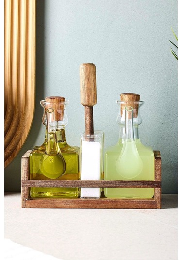 Romey 4'lü Borosilikat Cam Akasya Standlı Yağdanlık Tuzluk Biberlik Seti Seffaf Şeffaf