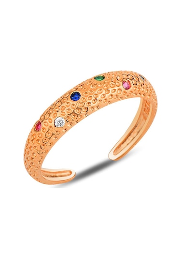 Söğütlü Silver Gümüş Rose Renkli Taşlı Modern Tasarımlı Ayarlamalı Yüzük