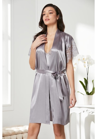 Pierre Cardin Saten Dantelli Gecelik Sabahlık Takım 4438 Siyah