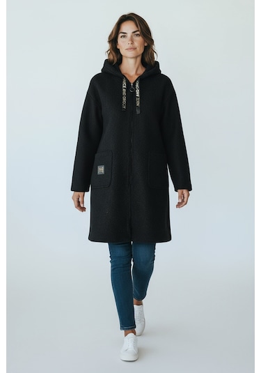 Kadın Üstten Cepli Kapüşonlu Önü Fermuarlı Kaşe Hırka Siyah