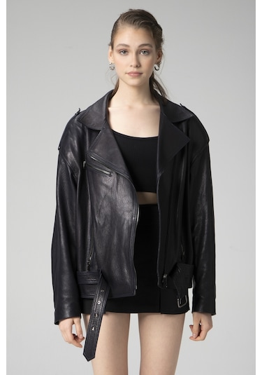 Lacivert Dericlub Wm031 Jumbo Oversize Biker Gerçek Deri Unisex M