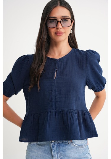 4713 Kadın Beli Büzgülü Kolu Lastikli Bol Müslin Bluz Lacivert Lacivert
