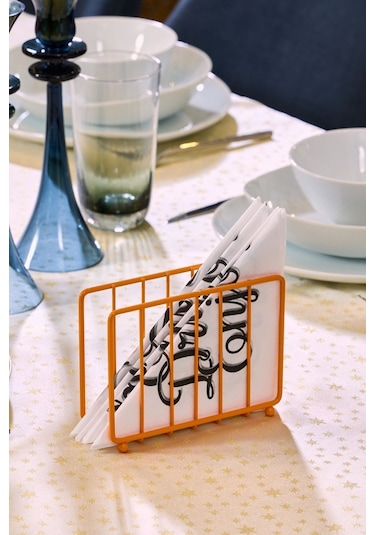 4'lü Turuncu Servis Sunum Seti, Peçetelik, Kağıt Havluluk, Kare Ekmeklik, Nihale - Metal