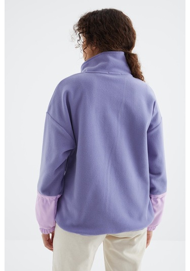 Tommy Life Açık Eflatun Etek Ucu Büzgülü Yarım Fermuarlı Oversize Kadın Polar Sweatshirt - 97238 Eflatun