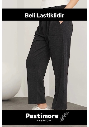 Yeni Sezon Terletmez Rahat Kalıp Beli Lastikli Bol Paça Salaş Yandan Cepli Ecrin Yünlü Pantolon Siyah