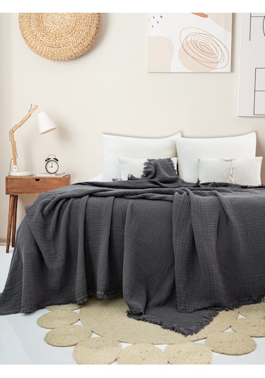 4 Katlı Müslin Yatak Örtüsü - Koyu Gri Renk Çift Kişilik Pike Koyu Gri