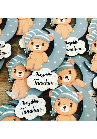 Ay Üstünde Oturan Erkek Ayıcık Ahşap Baskı Magnet 30 Adet