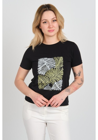 Sistas Kadın Baskı Desenli Kısa Kollu Pamuklu Bluz 24099 Siyah Siyah