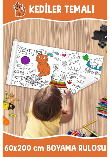 Melolisa Kediler Temalı Dev Boyama Rulosu Bebek Ve Çocuk Için Eğitici 60x250 Cm Aktivite Kağıdı