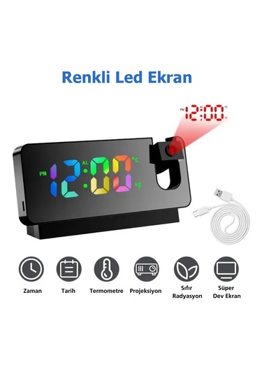Techtic Çok Fonksiyonlu Projeksiyon Masa Saati Renkli Ekran Alarm