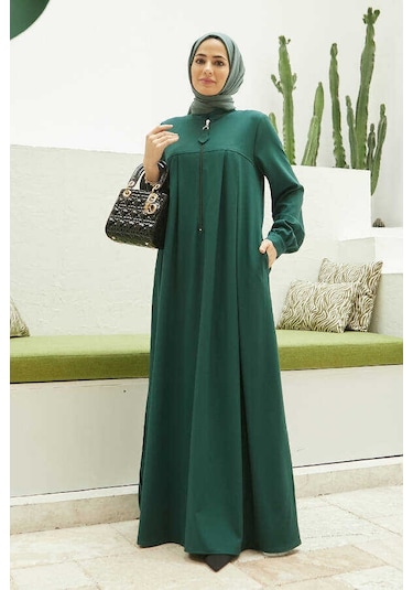 6612-fermuarlı Pileli Elbise Zümrüt Yeşili