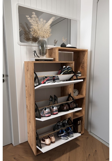 Bofigo Lego Ayakkabılık Düşer Kapak Raflı Ayakkabılık Çam-beyaz