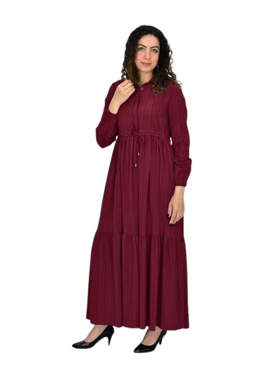Kadın Uzun Kol Lastikli Kabartma Çizgili Elbise Bgl-st04676 Bordo