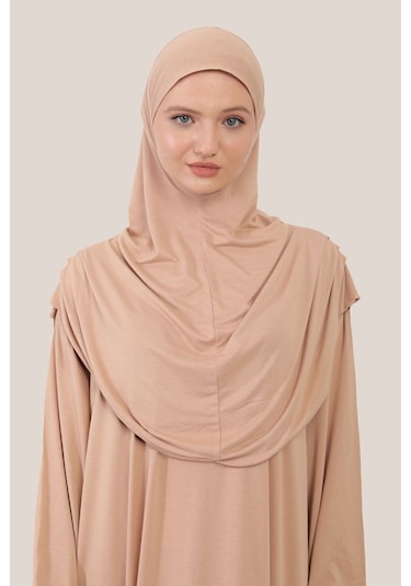 Tek Parça Tesettür Namaz Elbisesi Tak Çıkar Başörtülü Organik Pamuklu Lastikli Kolu Kaymaz Penye Bej