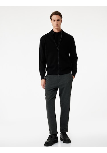 Koton Beli Bağcıklı Düğmeli Pike Kumaş Cep Detaylı Duble Paça Slim Fit Pantolon Antrasit 6wam40012hk Antrasit