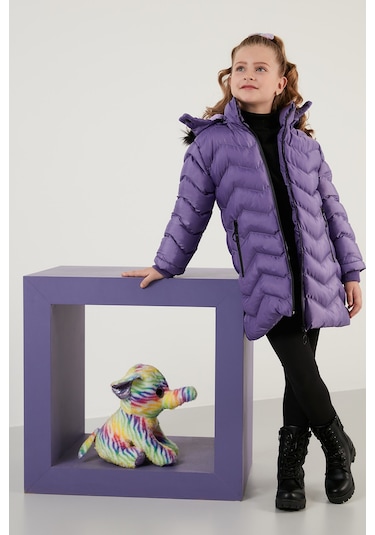 Lela Peluş Astarlı Yakası Suni Kürklü Çıkarılabilir Kapüşonlu Kışlık Kız Çocuk Mont 5766041 Lila