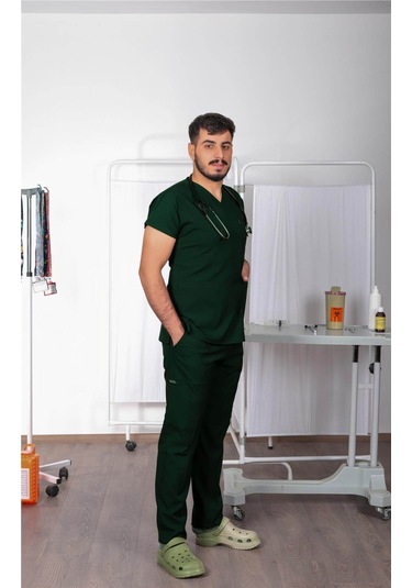 Likralı Cerrahi Forma Unisex Hemşire Doktor Sağlıkçı Forması Scrubs Üniforma Çam Yeşili