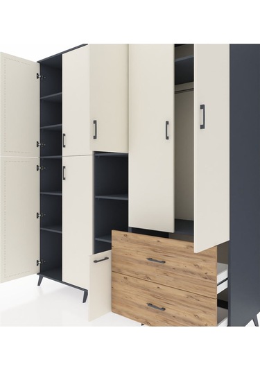 Kronos Dolap 12 Raflı 2 Çekmeceli Tek Askılı 220x59x243 Antrasit-aytaşı/çam Aytası/atlas Çam
