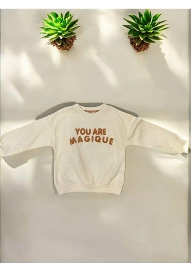 Kız Çocuk Nakışlı You Are Magique Yazılı Sweatshirt-14908 Ekru