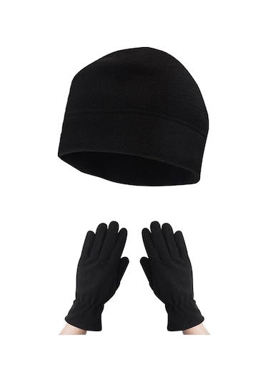 Kadın Kışlık Siyah Termal Polar Eldiven - Polar Bere 2'li Set Siyah