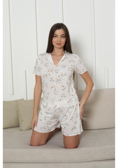 Kadın Örme Kumaş Dark Blue Star Pattern Kısa Kol Şortlu Pijama Takımı Sarı