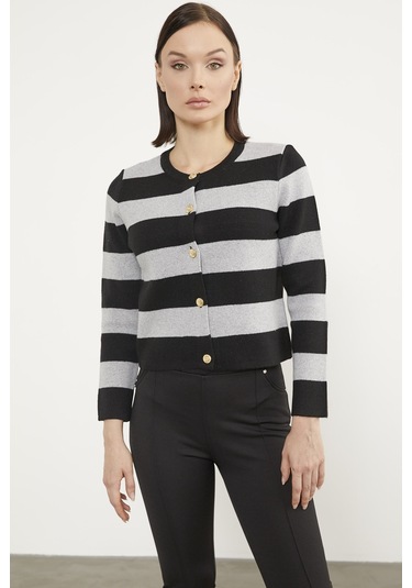 Çizgili Kısa Triko Hırka - Siyah 001