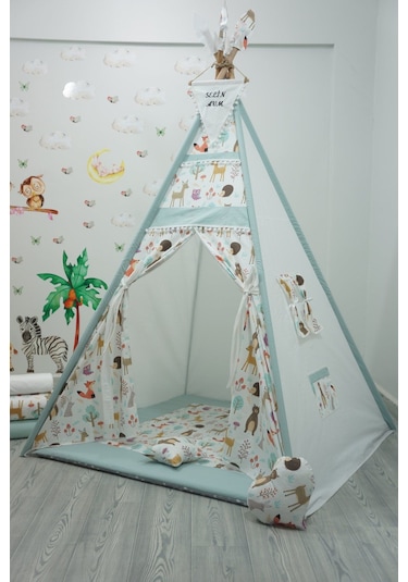 Kızıldereli Çocuk Oyun Çadırı Sabitlenebilir Büyük Boy Elit Serisi Turkuaz Hayvanlı