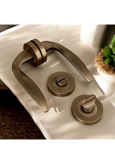 Trim Mat Antik Sarı Yuvarlak Rozetli Wc Banyo Kapı Kolu 1 Takım