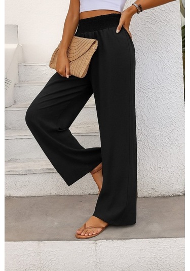 Munn Collection Kadın Yüksek Bel Lastikli Ithal Krep Pantolon Siyah