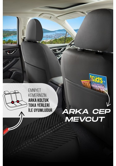 Siyah - Gri Garni Panda Monte Carlo Serisi Velor Kadife Kumaş Oto Koltuk Kılıfı - Tam Set