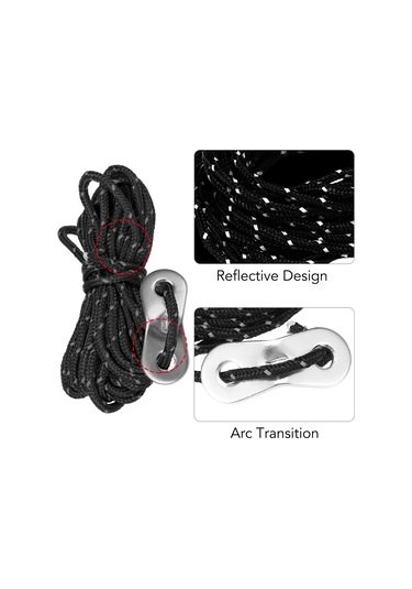 Neevoyu "6'lı Set 3mm Yansıtıcı Çadır İpi - Ayarlanabilir Alüminyum Klipsli Kamp Malzemesi" Siyah