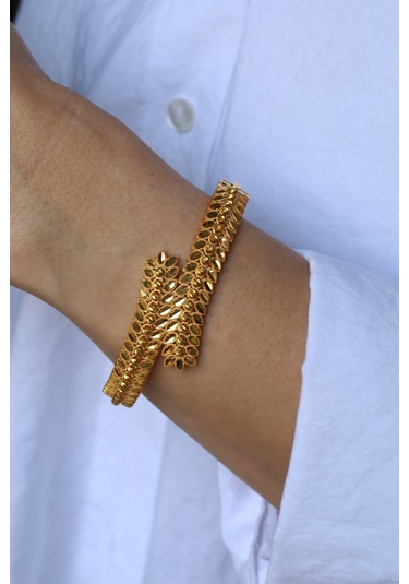 14 Ayar Altın Cimarlı Dorika Detaylı Başak Kelepçe - Klp54484 Sarı Altın