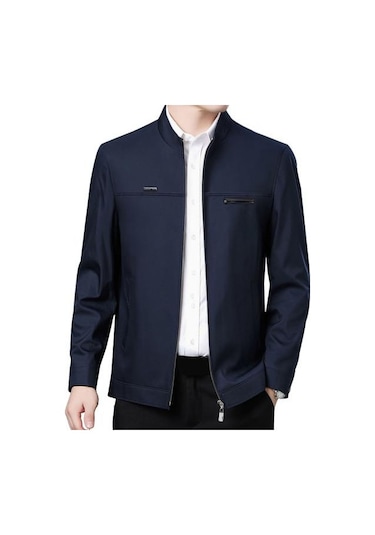 Portmanto Yaka Orta Yaşlı Baba Ceket Düz Renk Uzun Kollu Pürüzsüz Fermuar Kapatma Sıcak Mavi Portmanto Yaka Orta Yaşlı Baba Ceket Düz Renk Uzun Kollu Pürüzsüz Fermuar Kapatma Sıcak Mavi