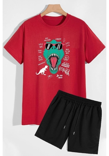 Uyguntarz Dinazor Baskılı Şort T-shirt Eşofman Takımı Kırmızı