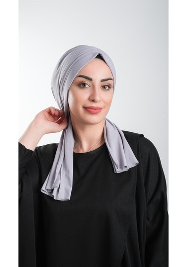 Gri Pratik Hazır Geçmeli Tesettür Bone Kesik Elyaf Sade 2111_15 Gri