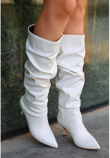 Zelya Beyaz Cilt Topuklu Çizme Beyaz
