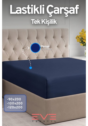 Eve Tekstil Fitted Yüksek Kaliteli Penye Kumaş Tek Kişilik Lastikli Çarşaf Lacivert