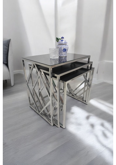 Venice Gümüş Metal Ayaklı Füme Aynalı Zigon Sehpa