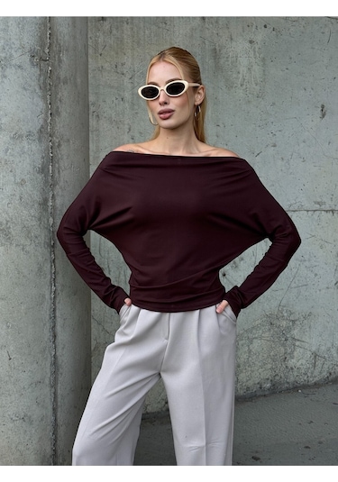 Kadın Kayık Yaka Full Esnek Asimetrik Kesim Comfort Spor Şık Tasarım Yumoş Bluz Kahverengi