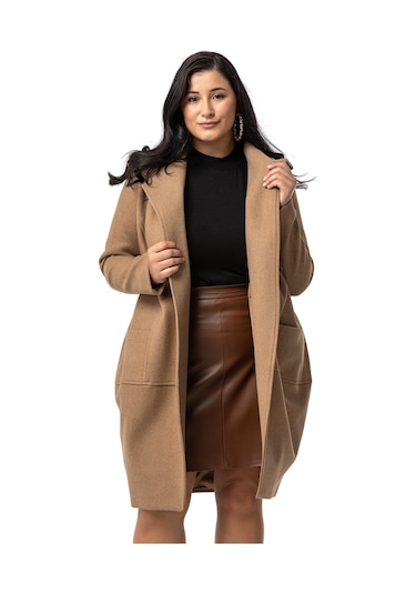 Büyük Beden Torba Cepli Tek Düğmeli Astarlı Vizon Kaşe Kaban-vizon Vizon