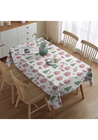 Noel Desenli Dikdörtgen Masa Örtüsü 60x84 İnç, Su Geçirmez Ve Leke Tutmaz-a189 Noel Zencefil Ekmek Evi