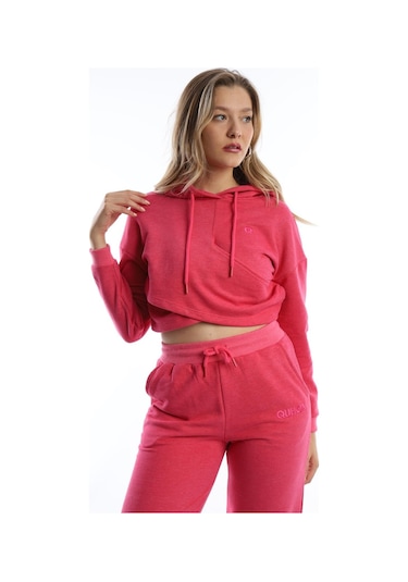 Kadın Kruvaze Detaylı Kapüşonlu Crop Sweat Pembe