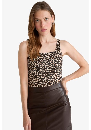 Defacto Leopar Desenli Kare Yaka Çıtçıtlı Body F9247ax25aubg115 Bej-bg115