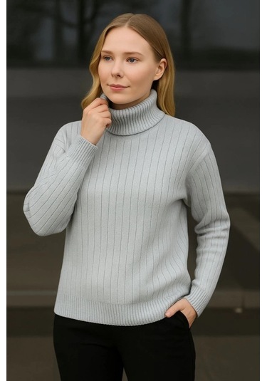 Balıkcı Yaka Bağazlı Triko Kazak Pamuklu Kalın Fitilli Dokuma - Gri Gri