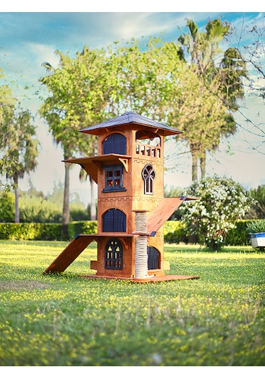 Mandu Ahşap 4 Katlı Teraslı Kedi Evi Tırmalama + Mama Kaplı