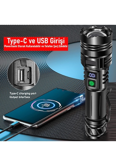 Valkyrie Profesyonel Şarjlı Led El Feneri Güçlü Avcı Feneri, Uzun Pil Ömrü, Dayanıklı Tasarımavcı Feneri Siyah