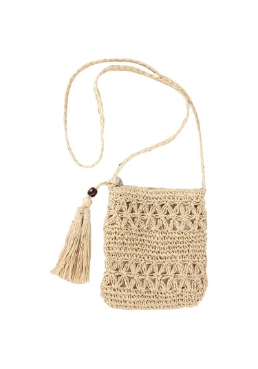 Fastbuy Bej Kağıt Ip Örgü Çapraz Askılı Çanta - El Yapımı Desenli Tatil Plaj Çantası Bej Bej