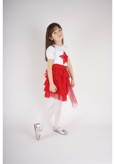 23 Nisan 29 Ekim Konsept Yıldız Detaylı Tül Detaylı Kat Kat Tütü Etekli Takım Kırmızı
