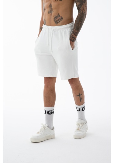 Erkek Beyaz Yüksek Kalite Relax-fit Rahat Kesim %100 Pamuk Bağcıklı Siyah Düz Basic Şort Beyaz