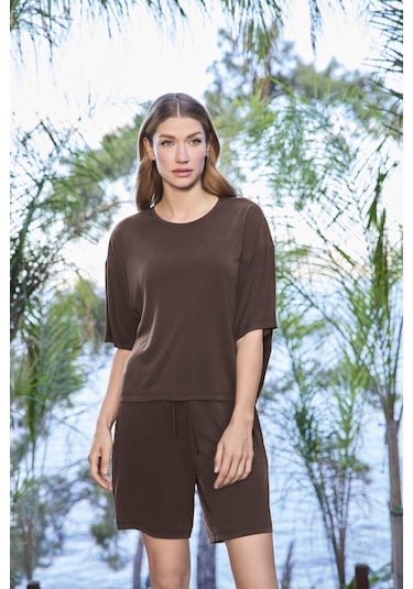 Monamise Kadın Kısa Kollu Bisiklet Yaka Alt Üst Takım 25085 Kahve